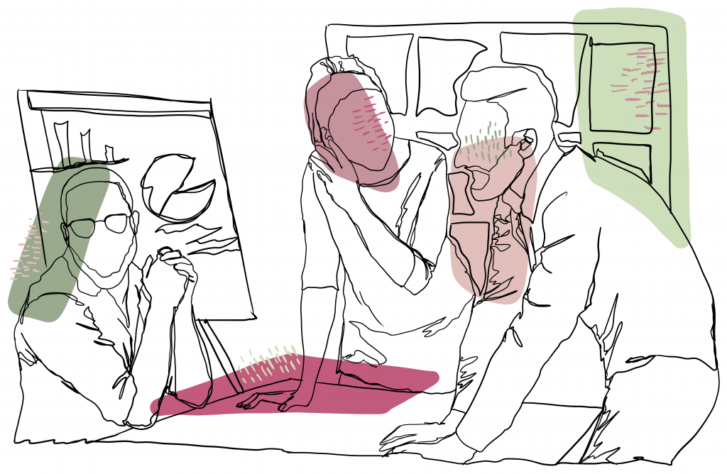 Students leading a stainability in higher education workshop Drawing of students and faculty discussing sustainability in higher education