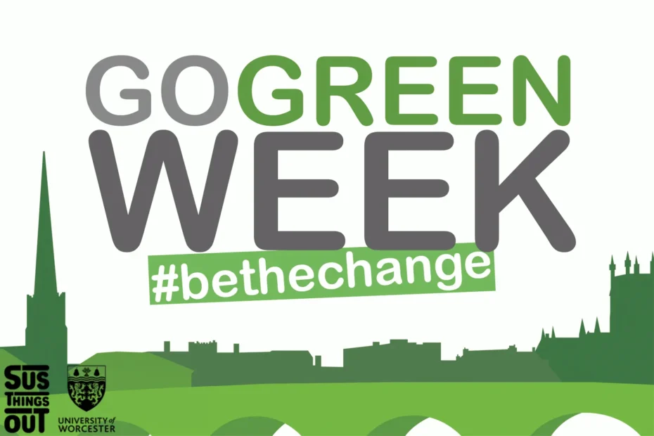 "Digital graphic for Go Green Week featuring bold text reading 'GO GREEN WEEK' with the hashtag '#bethechange' in green. The background includes a green silhouette of Worcester’s cityscape, with landmarks like a church spire and bridge. Logos for 'SUS Things Out' and the 'University of Worcester' are in the bottom left corner. This image is associated with the Sustain 2 Remain podcast, which explores sustainability and climate action during Go Green Week."