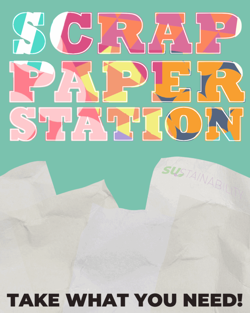 Drawing of a mound of scrap paper with the words Scrap paper station written above