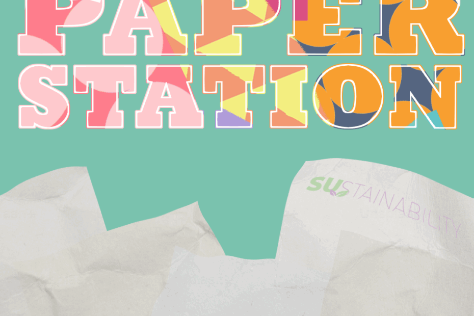 Drawing of a mound of scrap paper with the words Scrap paper station written above