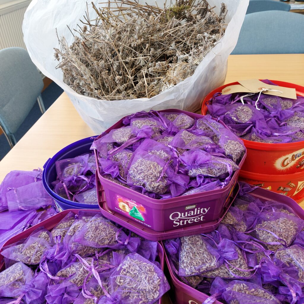 Photograph of small purple organza bags with dreid lavenderza 