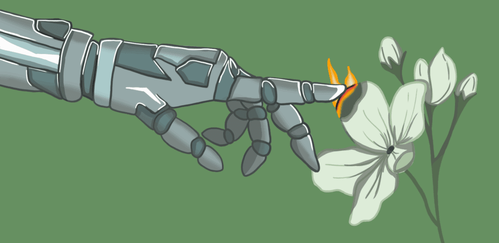 Robo Hand Burned cartoon robotic hand with outstretched finger on flames buring an illustration of a flower