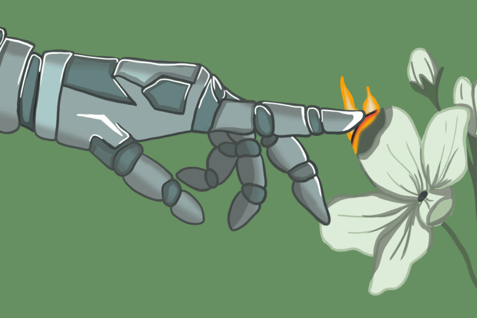 cartoon robotic hand with outstretched finger on flames buring an illustration of a flower