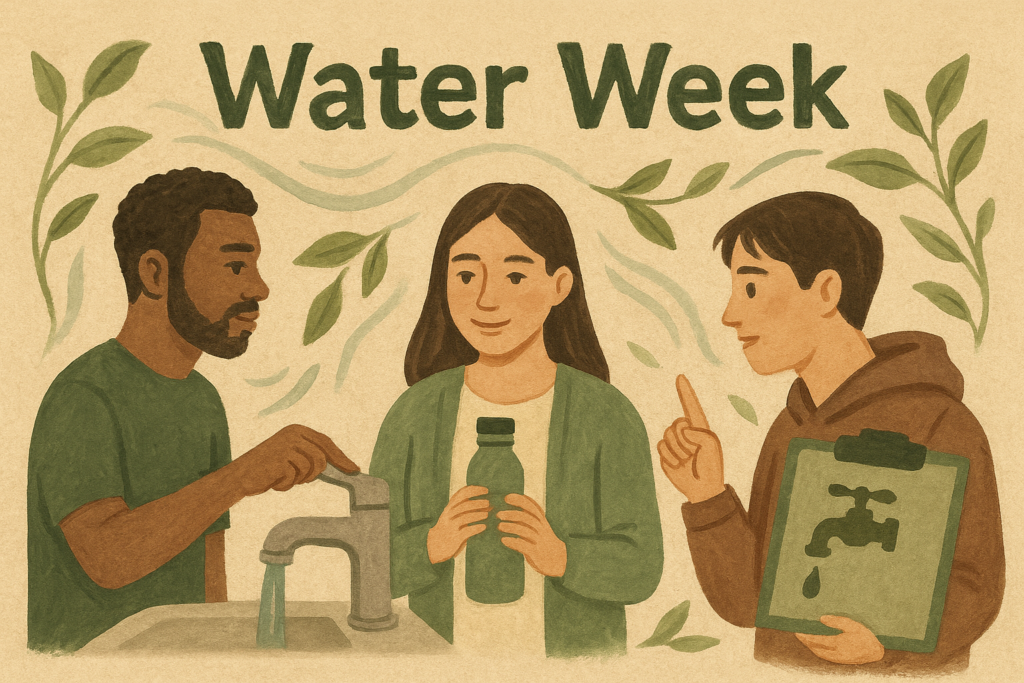 A hand drawn Illustration of three students students in muted green and brown colours