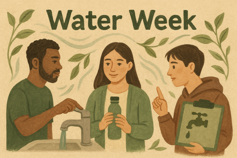 A hand drawn Illustration of three students students in muted green and brown colours