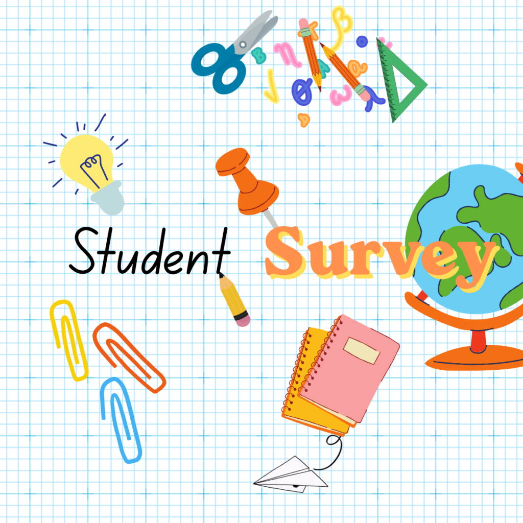 colour illustration showing a globe, stationery items, a lightbulb, a phone and a charger. With words Student Survey