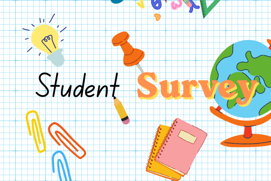 colour illustration showing a globe, stationery items, a lightbulb, a phone and a charger. With words Student Survey